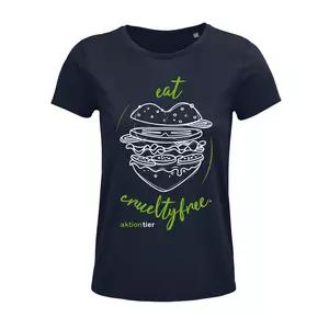 Damen Rundhals T-Shirt – Motiv "Eat Crueltyfree" – Farbe "French Navy" (319) mit grüner Schrift