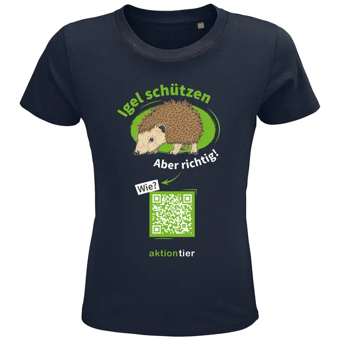 Kinder Rundhals-T-Shirt – Motiv "Igeln helfen aber richtig" – Farbe: "French Navy"