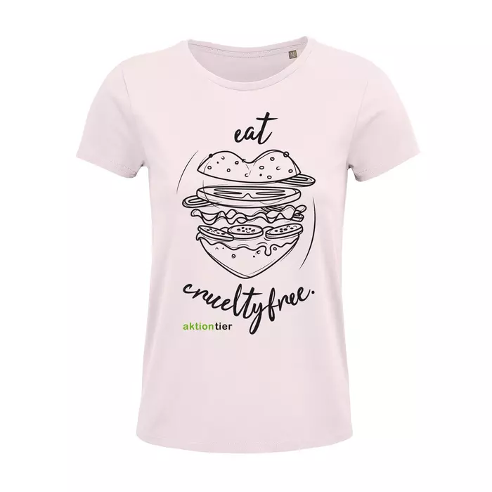 Damen Rundhals T-Shirt – Motiv "Eat Crueltyfree" – Farbe "Pale Pink" (141) mit schwarzer Schrift