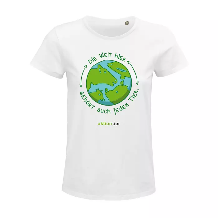 Damen Rundhals T-Shirt – Motiv "Weltkugel" – Farbe "White" (102)