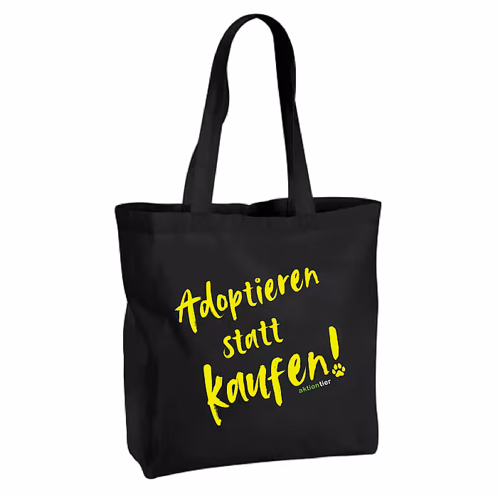 Turnbeutel – Motiv: "Adoptieren statt kaufen" – Farbe: "Schwarz" Schrift: "Neon-Gelb"