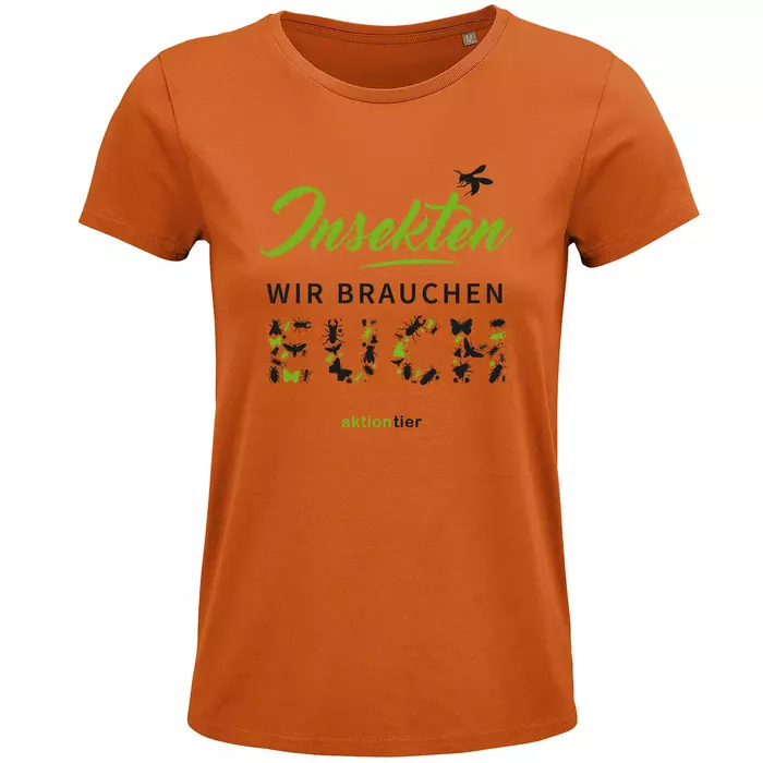 Damen Rundhals T-Shirt – Motiv "Insekten wir brauchen euch" – Farbe "Orange" (400)
