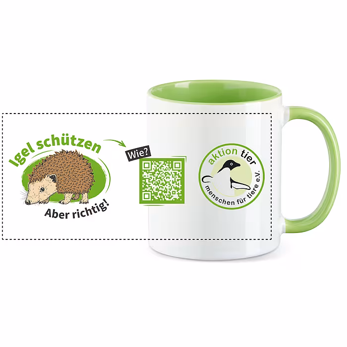 aktion tier Tasse – Motiv: "Igel schützen - Aber richtig" – Farbe: "Hellgrün"
