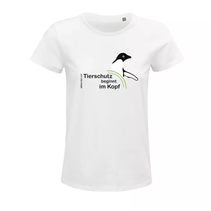 Damen Rundhals T-Shirt – Motiv "Tierschutz beginnt im Kopf" – Farbe "White" (102)
