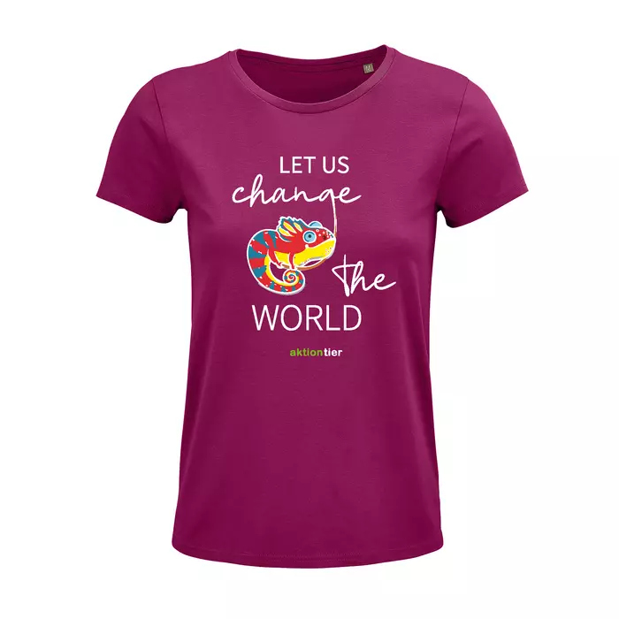 Damen Rundhals T-Shirt – Motiv "Chamäleon" – Farbe: "Fuchsia" (140)