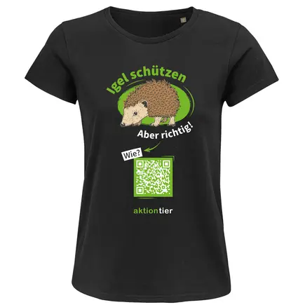 Damen Rundhals T-Shirt – Motiv "Igel schützen – Aber richtig" – Farbe: "Deep Black"