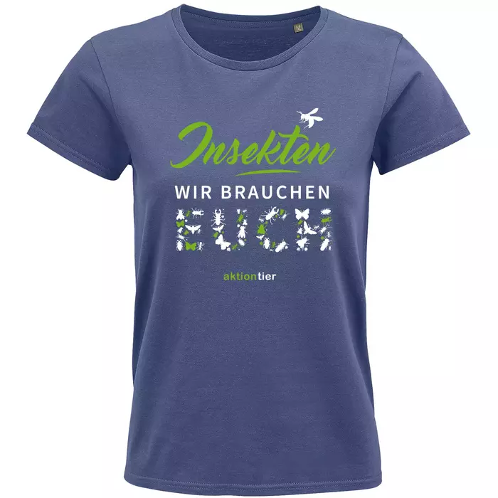 Damen Rundhals T-Shirt – Motiv "Insekten wir brauchen euch" – Farbe "Denim" (244)