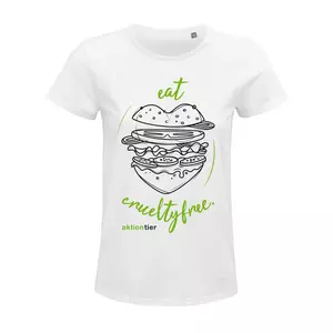 Damen Rundhals T-Shirt – Motiv "Eat Crueltyfree – Farbe "White" (102) grüne Schrift