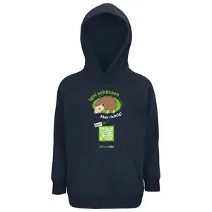 Kinder Sweatshirt mit Kapuze – Motiv "Igeln helfen aber richtig" – Farbe: "French Navy"