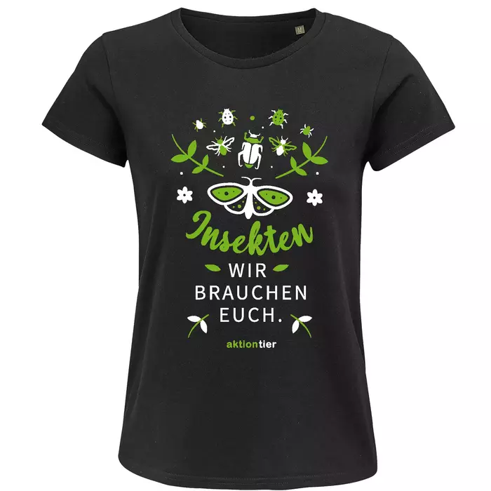 Damen Rundhals T-Shirt – Motiv "Insekten wir brauchen euch" – Farbe "Deep Black" (309)