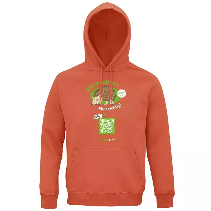 Sweatshirt mit Kapuze – Motiv "Igeln helfen aber richtig" – Farbe: "Burnt Orange"
