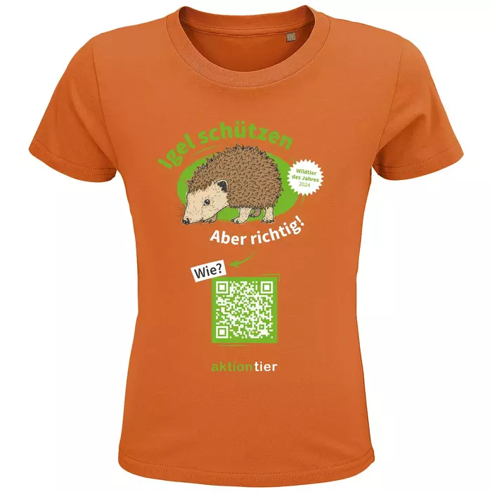 Kinder Rundhals-T-Shirt – Motiv "Igeln helfen aber richtig" – Farbe: "Orange"