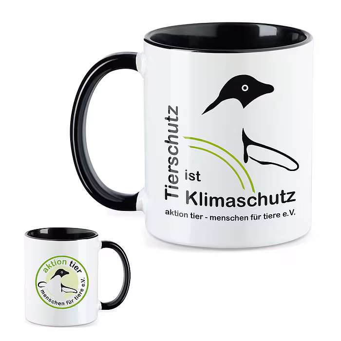 aktion tier Tasse – Motiv: "Tierschutz ist Klimaschutz" – Farbe: "Schwarz" aktion tier Tasse – Motiv: "Tierschutz ist Klimaschutz" – Farbe: "Schwarz"