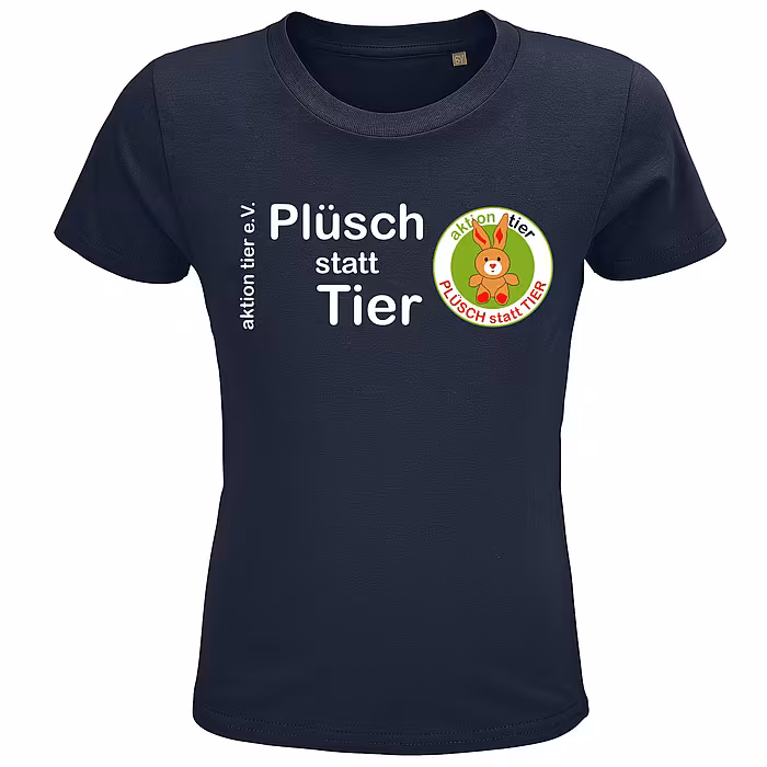 Kinder Rundhals T-Shirt - Motiv "Plüsch statt Tier", Farbe: French Navy