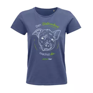 Damen Rundhals T-Shirt – Motiv "Eat Crueltyfree – Farbe "Denim" (244) + grüne Schrift