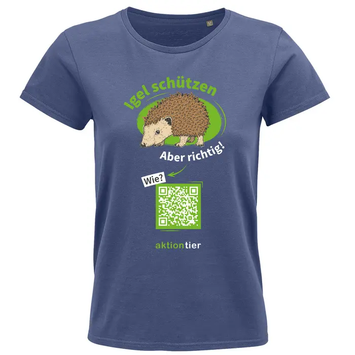 Damen Rundhals T-Shirt – Motiv "Igel schützen – Aber richtig" – Farbe: "Denim"