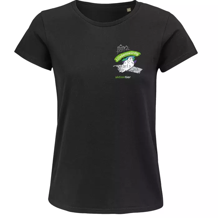 Damen Rundhals T-Shirt – Motiv "Taube" – Farbe: "deep-black-309"